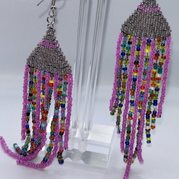 Vibrant Multicolor Beaded Fringe Earrings - Picture 2 of 3
